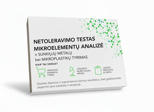 Netoleravimo testas + Mikroelementų analizė + Sunkiųjų metalų tyrimas + Mikroplastikų tyrimas Jums